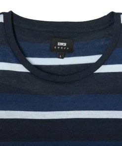 Edwin Cove Yarn Dyed Stripe Tee Indigo Garment Washed